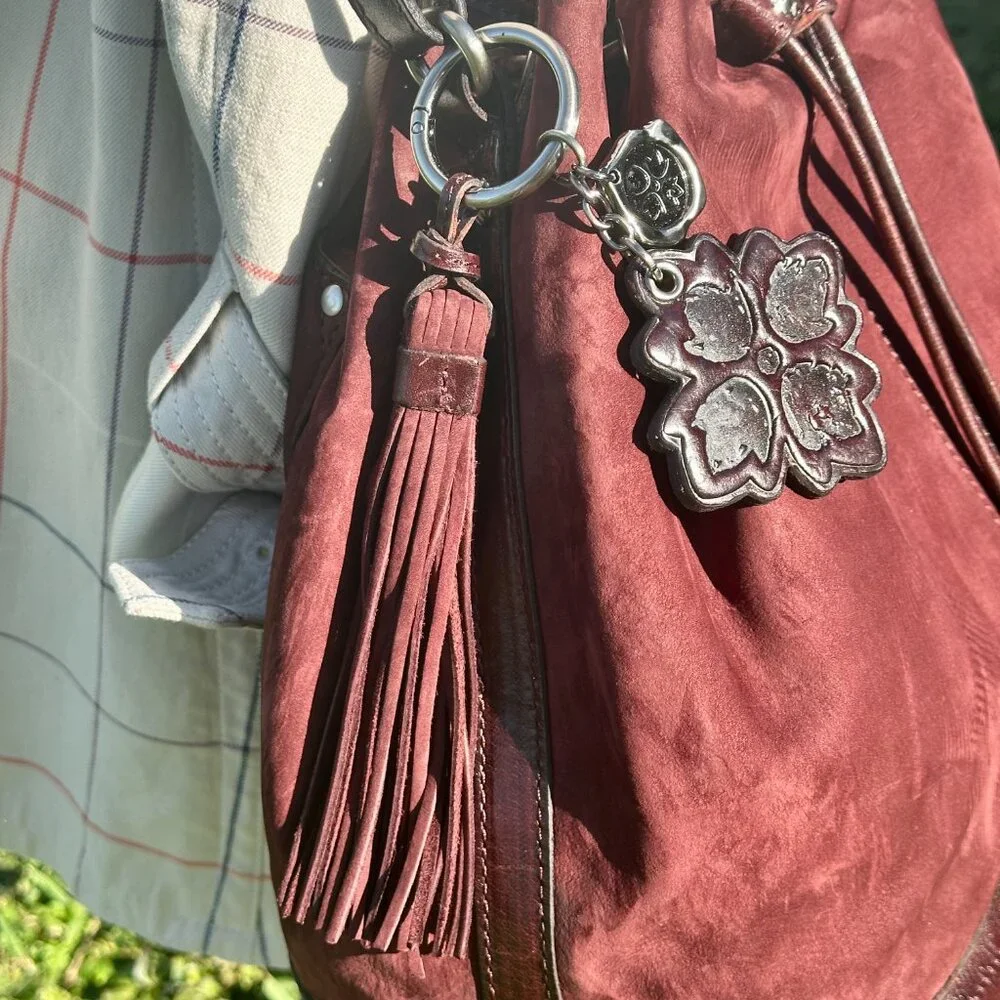 Patricia Nash Melrose Brushed Italian Nubuck Drawstring Bucket Bag Plum Key Fob